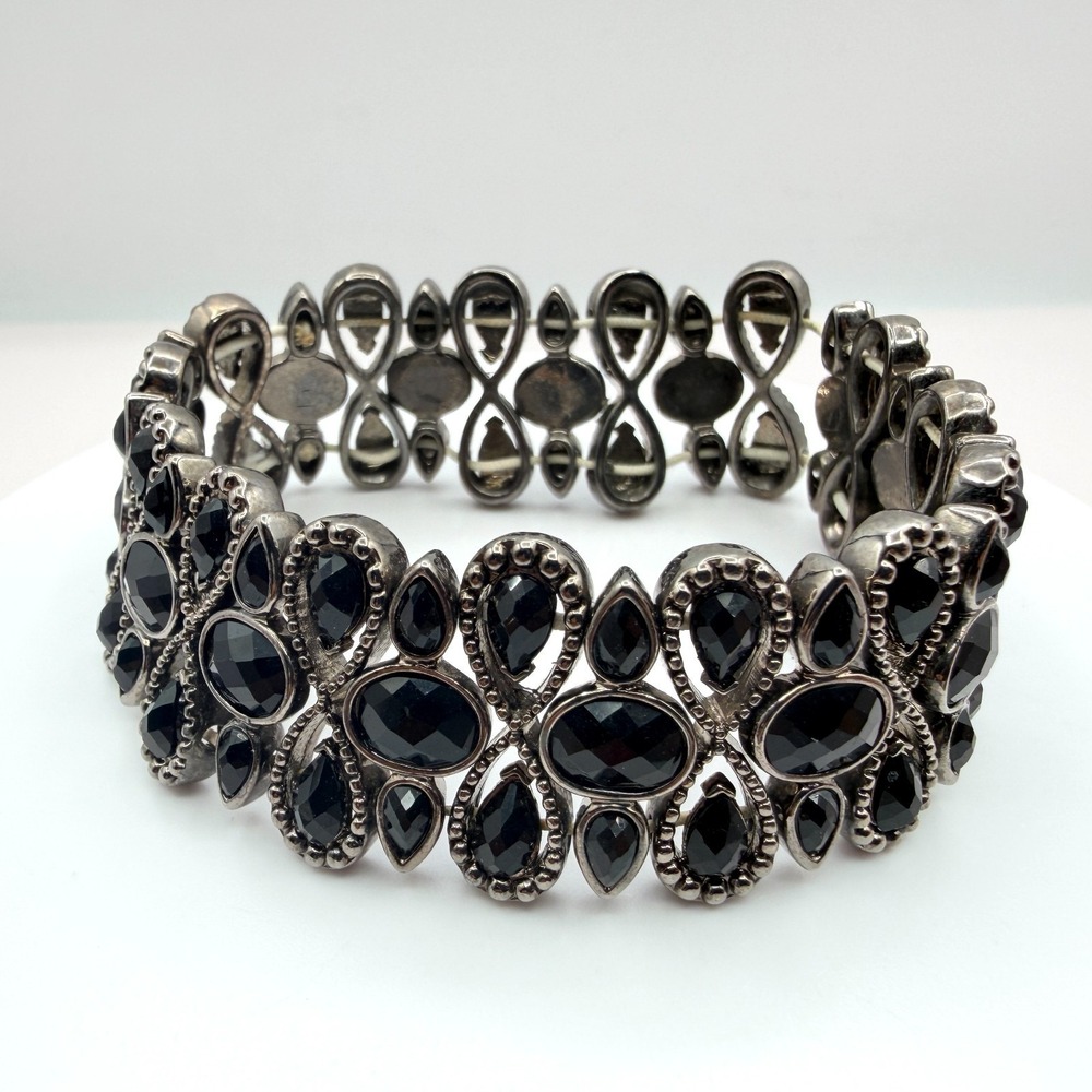 Vintage Gunmetal Stretch Cuff Bracelet with Black Rhinestone Teardrop